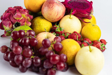 various kinds of fresh and natural fruits on a white background.