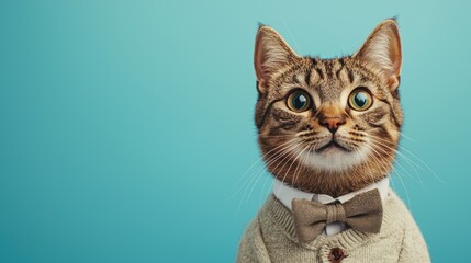 Fashionable Cat in Bow Tie Against Sky Blue Background Creating a Charming and Cute Atmosphere