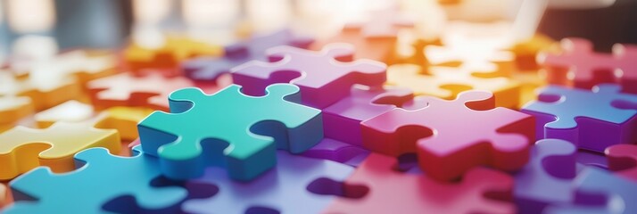 A close-up shot of colorful puzzle pieces symbolizing teamwork, collaboration, problem-solving, connection, and unity.