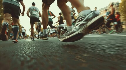 A low-angle shot of a marathon runner's legs in motion, with the other runners blurred in the background.