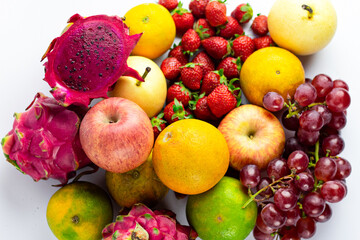 various kinds of fresh and natural fruits on a white background.