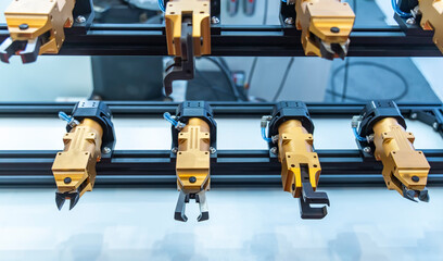 collection metal fixture for robotic arm in factory,automatic clamp arm pick and place, Manufacturing, industrial, engineering, ai, automated technology concept