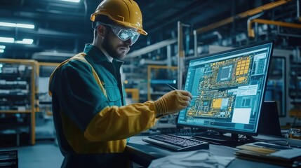 Engineer Reviews Motherboard Against Digital Twin 3D Model on Computer in High-Tech Factory