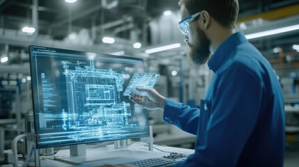 Engineer Reviews Motherboard Against Digital Twin 3D Model on Computer in High-Tech Factory