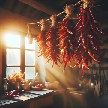 Farmer Drying Technique: Hanging Dried Red Chilies Above &ndash; Showcasing Traditional Methods for Preserving Spices and Enhancing Their Flavor in a Market Setting