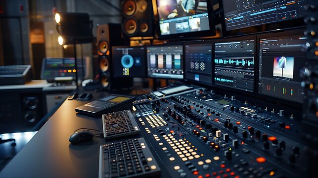 Close-up shot of an audio and video editing studio with a control panel, screens, and equipment for professional production. - Powered by Adobe