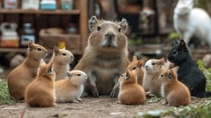 Capybara Surrounded by Small Bunnies