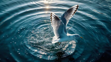 Seagull Taking Flight from the Ocean Surface, Creating Ripples in the Water Underneath in a Sunlit Scene, with Glowing Highlights on the Bird’s Wings and Sparkling Reflections on the Blue Water

