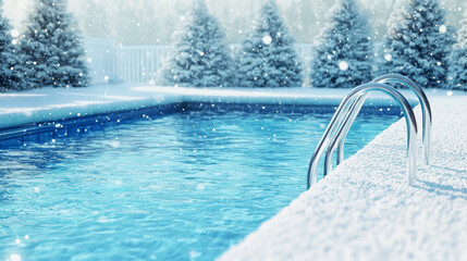Tranquil Winter Poolside Scene with Snow-Covered Trees and Sparkling Water