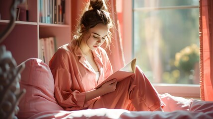 A student sitting in a beautiful pink room, reading a book by the window. The room is filled with soft light, creating a peaceful and cozy environment for study and relaxation.


