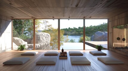 Fototapeta premium Minimalist Zen Retreat with Stunning Lake View