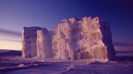 Enormous Ice Cave Illuminated by Soft Blue Light, Featuring Intricate Ice Formations and Crystal Clear Water, Creating a Magical and Ethereal Atmosphere

