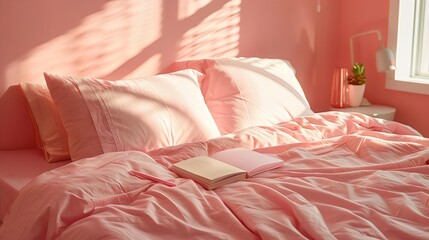 Inviting and Serene Bedroom Oasis with Soft Pink Accents, Plush Bedding, and Gentle Natural Light Filtering Through Sheer Curtains






