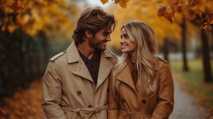 Fototapeta premium Couple enjoying a walk together during autumn