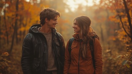 Fototapeta premium Couple smiling at each other during autumn walk in the forest