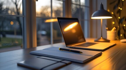 A Cozy Workspace with a Laptop, Notebook, and Pen on a Wooden Desk by a Window with Warm Evening Light