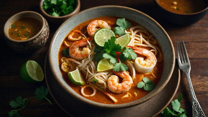 Halal laksa with prawns, tofu, and rice noodles in a rich, spicy coconut broth, garnished with lime and cilantro.
