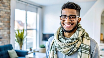 Smiling young man with glasses and scarf.