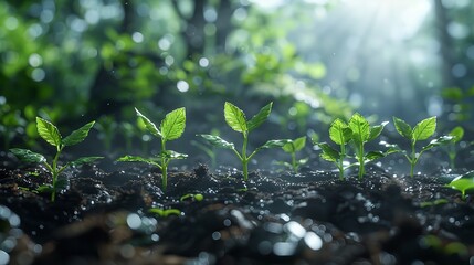 Group of young plants are growing in dirt. Plants are green and appear to be healthy.