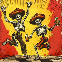 Vibrant animated artwork of festive skeletons in sombreros dancing with drinks symbolizes joyous celebration and cultural tradition, a colorful and humorous holiday fun representation