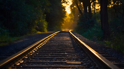 Fototapeta premium Sunlit Railroad Tracks Through a Forest