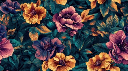 Fototapeta premium Vibrant Floral Pattern of Multicolored Flowers and Leaves with a Dark Background