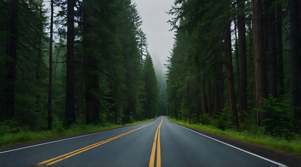 Obraz premium A winding road through a lush and misty forest