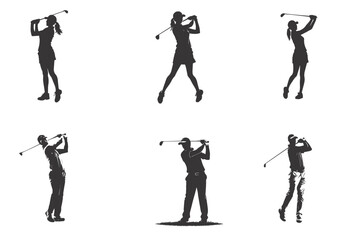 people playing golf in various poses isolated vector silhouette on white background
