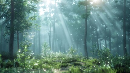 Fototapeta premium Early morning mist in a dense forest, with sunlight filtering through the trees and creating an ethereal and dreamy landscape perfect for peaceful backgrounds.