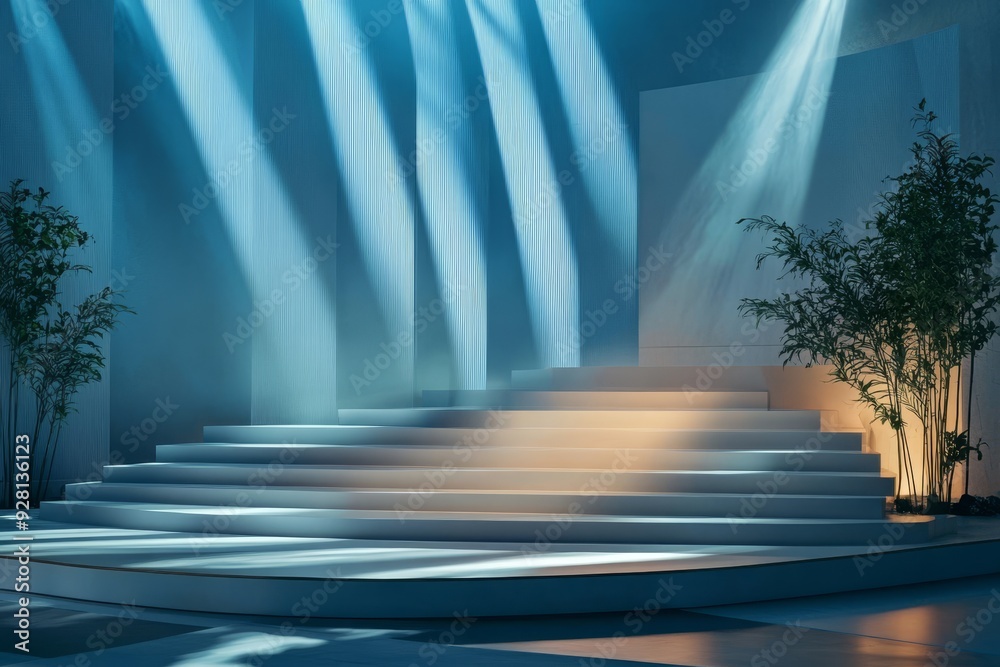 Poster A minimalist stage with white stairs and blue walls bathed in soft light rays, creating a serene and elegant atmosphere, enhanced by the presence of lush green plants.