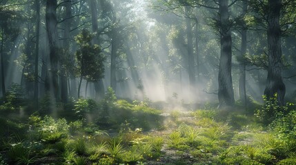 Obraz premium Early morning mist in a dense forest, with sunlight filtering through the trees and creating an ethereal and dreamy landscape perfect for peaceful backgrounds.