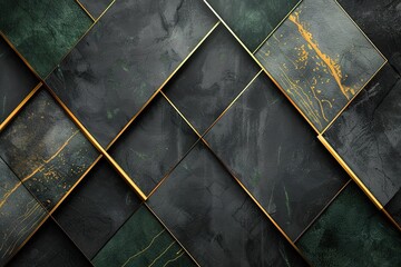 Abstract geometric pattern with black and green textured tiles and gold accents.