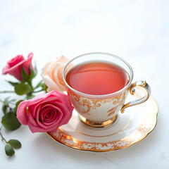 Fototapeta premium Una deliciosa taza de te rodeada de lindas flores encantadoras