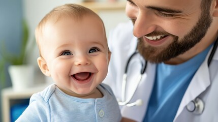 A smiling baby is being held by a doctor