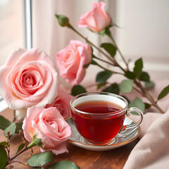 Un rico t&eacute; rodeado de rosas lindas