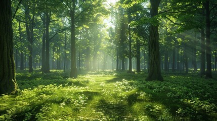 Obraz premium A peaceful green forest with sunlight filtering through the canopy, casting dappled shadows on the forest floor.