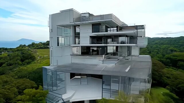 Wireframe rendering of a contemporary house with technical details