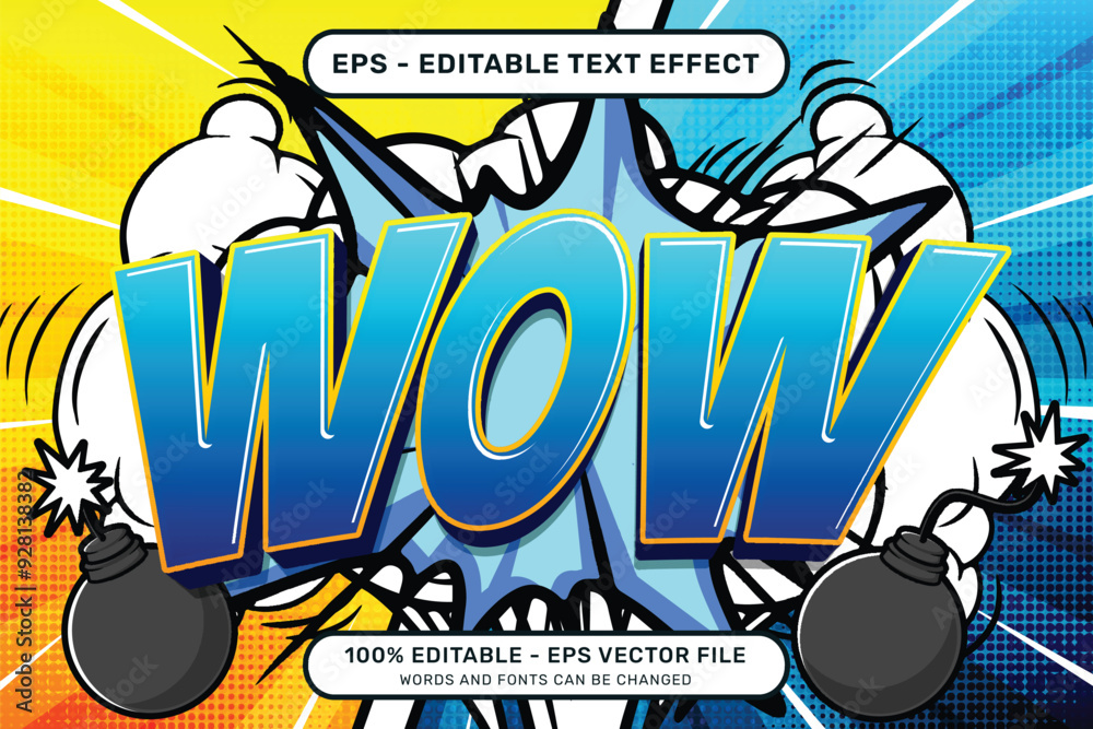 Poster wow 3d text effect and editable text effect with a retro background and illustrations of bombs and s
