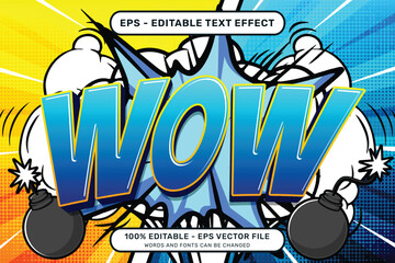 wow 3d text effect and editable text effect with a retro background and illustrations of bombs and smoke