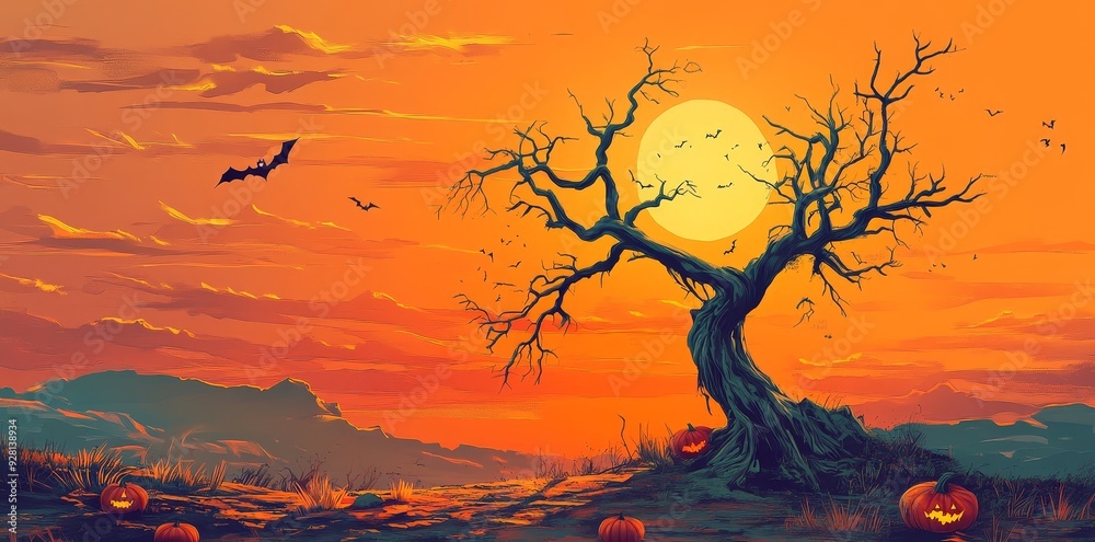 Sticker A spooky Halloween sunset with a twisted tree silhouetted against an orange sky, with a full moon and bats flying overhead, with jack-o'-lanterns on the ground.