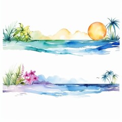 Watercolor Painting of Tropical Sea Landscape with Sunset and Palm Trees.