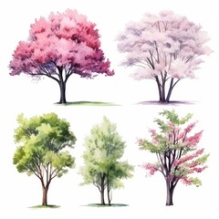 Obraz premium Watercolor painting of six trees with pink, white, and green leaves on a white background.