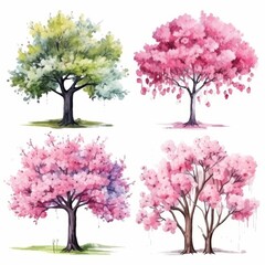 Fototapeta premium Watercolor painting of four trees with pink and green leaves on a white background.