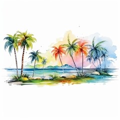 Fototapeta premium Watercolor painting of a tropical beach scene with palm trees, mountains, and ocean.