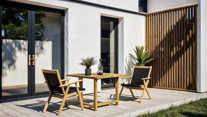 Fototapeta premium Modern Patio Furniture with Wooden Slatted Wall.