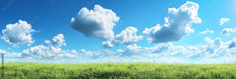 Wall mural A vast green field stretches out under a bright blue sky dotted with fluffy white clouds. The scene evokes a sense of peace, tranquility, and the beauty of nature.