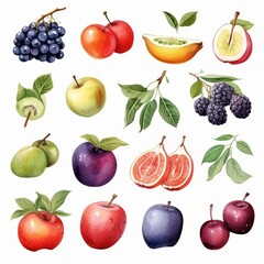 Watercolor illustration of various fruits and berries, including plums, grapes, apples, figs, kiwi, cherries, and blackberries.