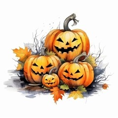 Watercolor illustration of three jack-o-lanterns with smiling faces surrounded by autumn leaves and branches.