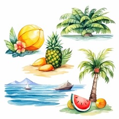 Obraz premium Watercolor illustration of tropical fruits and a palm tree on the beach.