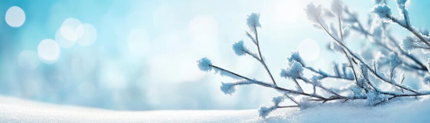 A serene winter scene showcasing snow-covered branches against a soft blue backdrop, evoking a tranquil and peaceful ambiance.